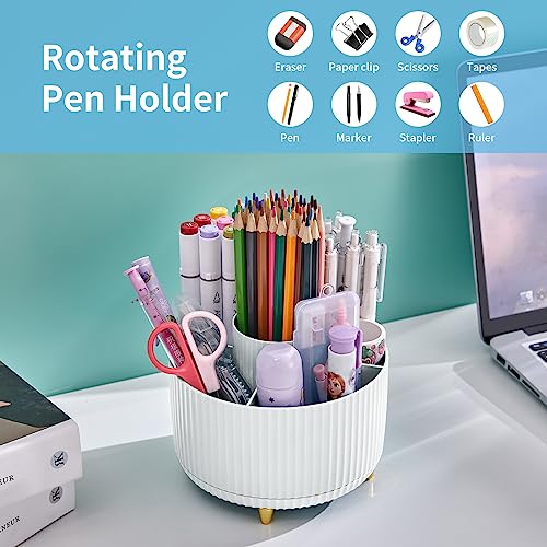 Marbrasse White Desk Organizer with 360° Rotating Pen Holder & 5 Compartments