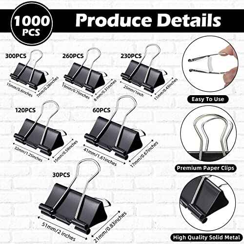 Yexiya 1000 Pcs Binder Clips Bulk Assorted Sizes Black Paper Clips Small Binder Clips Office Clips Bulk Mini Paper Clamps Multi Sizes for School Teachers Office Supplies (Multi Sizes)