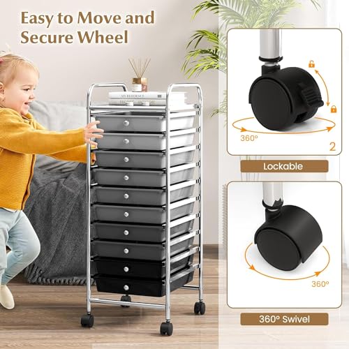 10 Drawers Rolling Storage Cart, Mobile Utility Cart, Sundries Storage Cart w/Lockable Casters for School, Office, Home, Multipurpose Storage Organizer Cart (Black)