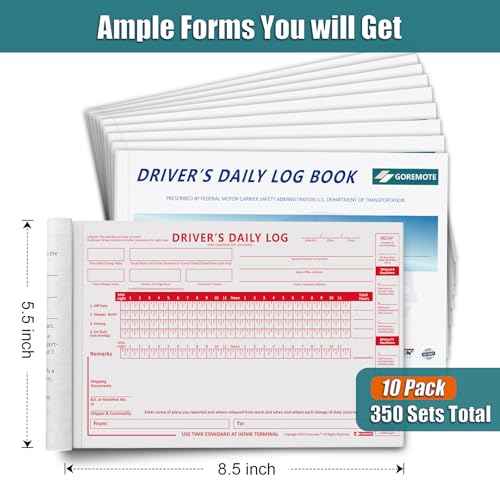Daily Log Books for Truck Drivers with 7 & 8 Day Recap, 10 Pack, 2-Ply Carbonless, 35 Sets of Forms per Book, 8.5" x 5.5", Paper Driver Log Books for Truckers, Meet Requirements