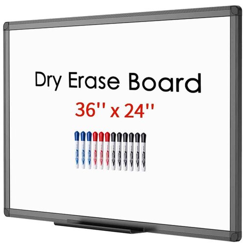 VIZ-PRO Magnetic Dry Erase White Board 36 X 24 Inches, Black Aluminium Frame, with 12-Count Markers
