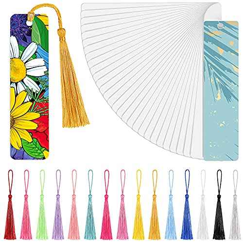 Tenare 120 Pcs Sublimation Blank Bookmarks Metal Heat Transfer Aluminum Bookmarks Bulk with Hole and Colorful Tassels for School Birthday Wedding DIY Projects and Gift Tag