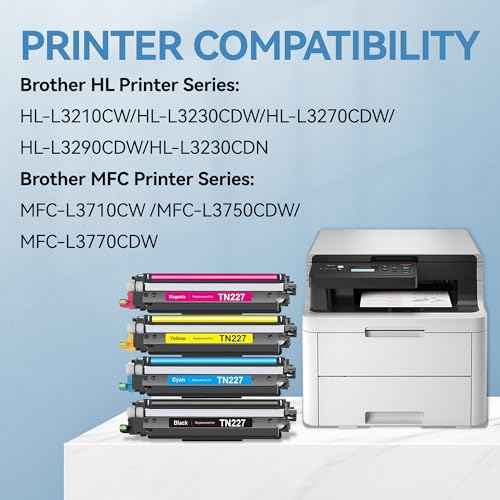 TN227 TN223 for Brother TN227 TN223 TN-227BK/C/M/Y Toner Cartridge Used with MFC-L3770CDW HL-L3270CDW HL-L3290CDW HL-L3230CDN HL-L3210CW MFC-L3710CDW HL-L3230CDW MFC-L3750CDW Printer - 4PK High Yield