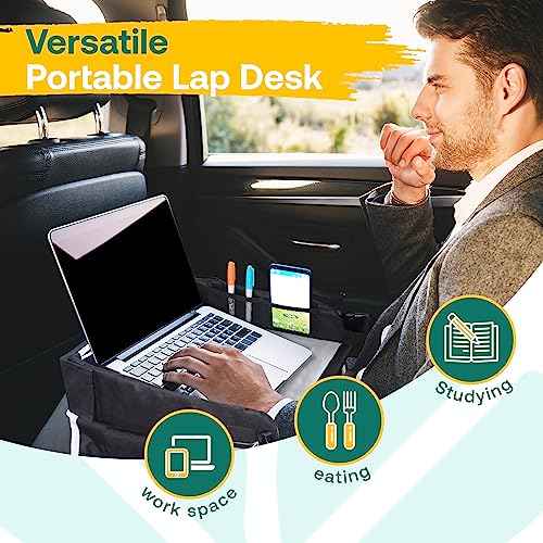 Travel Lap Desk, Travel Tray, Portable Lapdesk for Car, Remote Work, Road Trips, School, Laptop Pad with Storage Pocket, Tablet Holder, Shoulder Strap, Fits up to 15.6-Inch Laptop (Black)