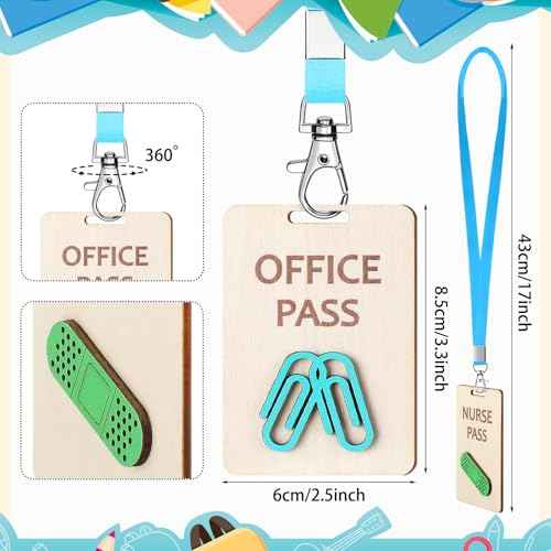 6 Sets Hall Pass Lanyards and School Passes Set Unbreakable Wooden Bathroom Passes for Classrooms Hall, Restroom, Library, Office and Nurse School Teacher Supplies Gift