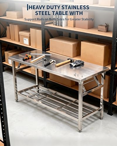 Garvee 48x24 Inch NSF Stainless Steel Folding Prep Table with Undershelf – Heavy-Duty Mobile Work Station