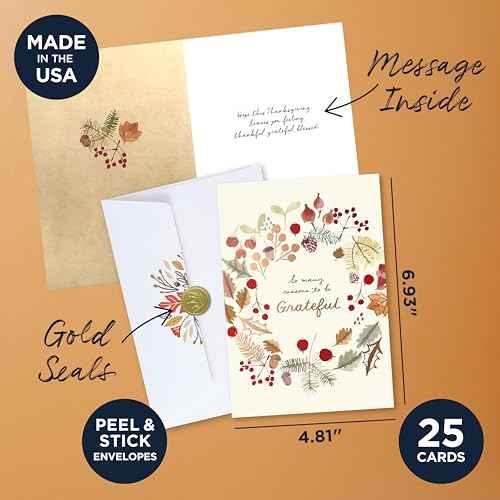 Hallmark Thanksgiving Cards for Employees ? 25 Pack Assorted Designs with Envelopes & Gold Seals ? Appreciation Greeting Cards for Staff & Volunteers ? 5 Unique Messages