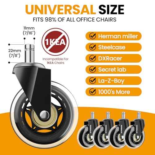 3-Inch Heavy Duty Office Chair Wheels, Load Capacity 660LBS(300kg), Stem Size 7/16¡±-7/8¡±, Not for 1KEA Chairs, Set of 5, Silent & Wear-Resistant, Clear CPU Material, for Hardwood Carpet Tile Cement