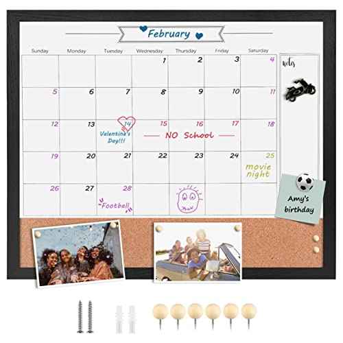 Dry Erase Calendar Whiteboard for Wall, Small Combination Magnetic Dry Erase White Board & Bulletin Board, 17.7" x 21.6" Black Wood Framed Blackboard/Calendar/Cork Combo Board(ZHYL-BK-4555
