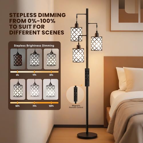 New Upgraded 72" Tall Dimmable Floor Lamp with Remote Control & White PC Shades, Farmhouse Standing Lamp with Bulbs, Industrial Tree Pole Floor Lamps for Living Room, Bedroom, Study Room, Office-Black