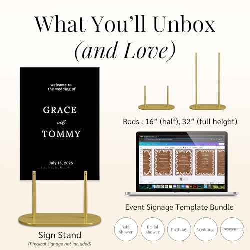 Gold Wedding Welcome Sign Stand with Holder - Elegant Metal Easel Display for Seating Chart, Reception Signs, Welcome Board - 30+ Customizable designs for Baby, Bridal Shower - Versatile Party Sign Holder