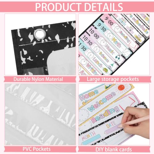 MotiMind Classroom Daily Schedule Pocket Chart with 21 Reusable Cards - Macaron Color / Composition Notebook Variant, 13 x 36 Inches