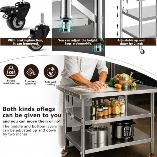 BGBFE 36x24in Stainless Steel Kitchen Prep & Work Table with Wheels - Height-Adjustable, Multi-Size Variation