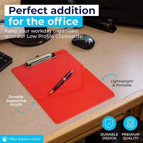 Red Plastic Clipboards (Set of 12) Multi Pack Clipboard - Strong 12.5 x 9 Inch | Holds 100 Sheets! Acrylic Clipboards with Low Profile Clip | Cute Aesthetic College School Supplies for Girls & Boys