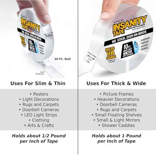 Insanity Heavy Duty Double Sided Mounting Tape Reusable Traceless Nano Gel Adhesive - Hang Pictures, Posters, Doorbell Cameras - Weatherproof - Hold Carpets, Mats & Rugs - Safe for Hardwood Floors