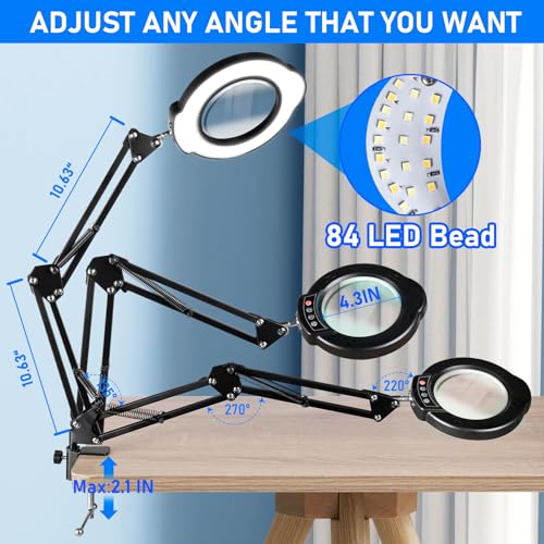 10X Magnifying Glass with Light and Stand, LED Desk Lamp with Base and Clamp, 5 Color Mode, 10 Dimmable Levels, Hands Free for Reading Crafts Jewelry Sewing Close Work