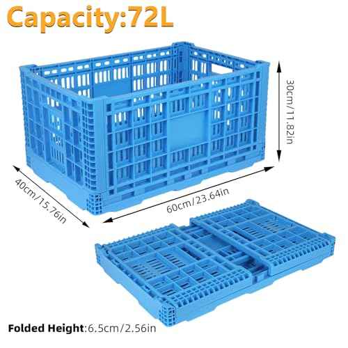 Collapsible Milk Crates, 72L Stackable Storage Crates, Plastic Heavy Duty Crate Basket, Folding Storage Containers for Organizing, Grocery, Office & Camping (23.6 "L ¡¿ 15.7" W ¡¿ 11.82 "H)