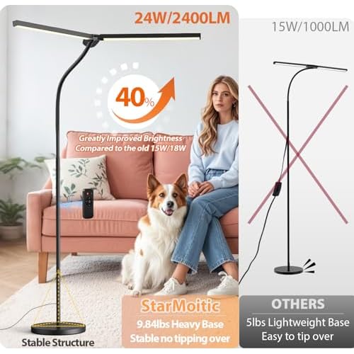 Led Floor Lamp for Office, 24W 2400LM Tall Reading Lamp, Dual Head Standing Task Lamp with Remote, Large Goose Neck Lash Light, Craft Work Lights, Puzzle Lights for Tattoo, Piano, Sewing