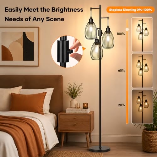 Nintiue Matte Black Dimmable Farmhouse Floor Lamp with 3 LED Bulbs, Tall Standing Tree Lamp for Living Room & Bedroom