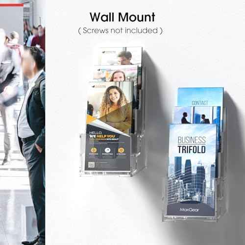MaxGear Acrylic Brochure Holder, 4 Inch Wide 3 Tier Literature Display Stand, Clear Premium Acrylic Pamphlet Holder, Multi Pocket Wall Mount or Countertop Organizer, Office or Home Use, 4 Pack