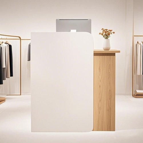 Small Reception Desk for Small Spaces with Lockable Drawer, Compact Office Desk & Salon Reception Counter | Curved Baffle Design, Modern L-Shaped Workstation, Secure Storage(White+Wood)