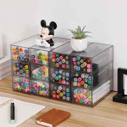 Plastic Storage Drawers, Home Office Supplies Organizer for Bathroom, Kitchen, Pantry, Coffee Bar, Clear Desk Accessories Box for Marker, Art Crafts, Makeup (12 Drawers)
