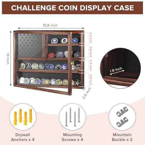 Challenge Coin Display Case, Lockable Military Coin Holder Cabinet with Removable Star Board & HD Tempered Glass Door, Solid Wood Wall Mount Coins Collection Rack Stand