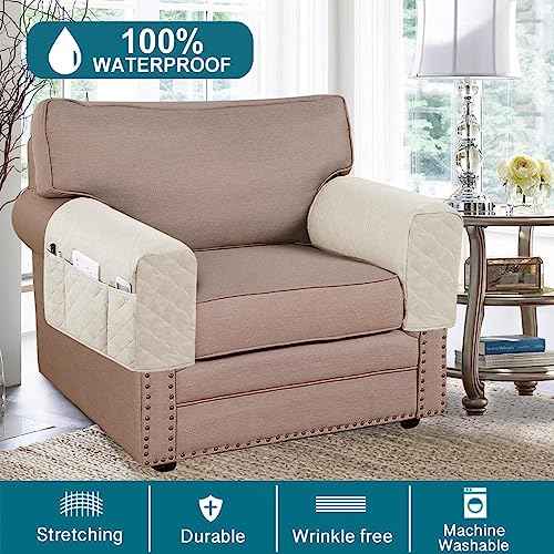 Turquoize 2 Pack Waterproof Armrest Covers for Chairs and Sofas - Couch Arm Covers with Side Pocket Anti-Slip Furniture Protector Washable Armrest Slipcovers, Ivory