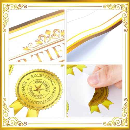 Yeaqee 200 Pcs Certificate of Recognition Certificate Paper with Gold Sticker Seals Pre Printed Award for Graduation Diploma Achievements Students Teachers Employees Gift, 8.7 x 11 Inch