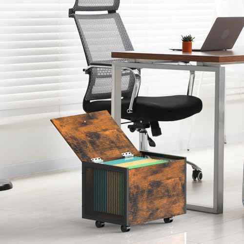 CADUKE Small File Cabinet on Wheels, Rolling File Cart with Lid, Hanging Filing Cabinets Organizer for Letter & Legal Size, Wooden Decorative File Box Under Desk for Home Office, Rustic Brown