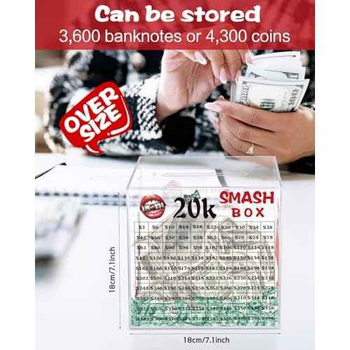 20k Smash Box for Money, Large Piggy Bank for Adults 20000 Savings Challenge Box, Money Saving Box for Cash, Big Unbreakable Clear Acrylic Money Saver Must Break to Open