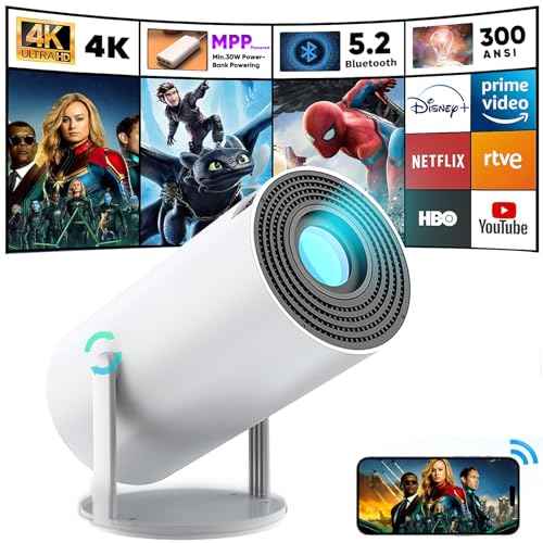 [Portable Charger Powered] [TYPE C] 300ANSI Mini Projector with WiFi and Bluetooth, Auto Keystone Android Portable Projector Video Projector 4K/1080P Support WiFi6 BT5.2 Hifi Home Movie Projector