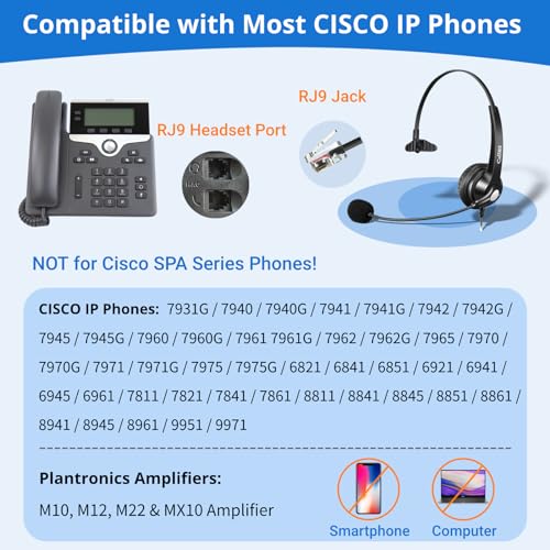 Callez Cisco Phone Headset with Mic Noise Cancelling, RJ9 Office Telephone Headset with Quick Disconnect Cord Compatible with Cisco IP Phone 7940 7942 7945 7960 7962 7965 7821 7841 8811 8841 8845 8851