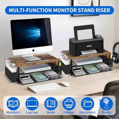 AUPSEN Wood Desk Organizers and Accessories, 2-Tier Computer Monitor Stand Riser with Drawer, Pen Storage & Phone Holder, Office Desk Accessories, Workspace Desktop Organization for Office Supplies£¨Brown£©