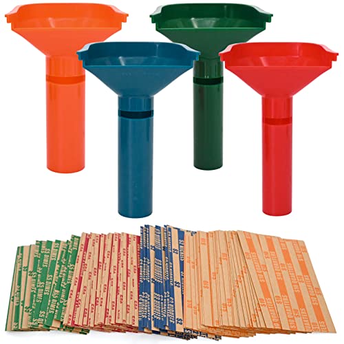 150 Coin Wrappers & 4 Color-Coded Sorting Tubes Set - Easy Load, Variations with 4 Tubes & 150 Wrappers