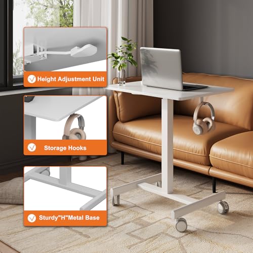 Gamork Mobile Standing Desk on Wheels, Pneumatic Height Adjustable – White