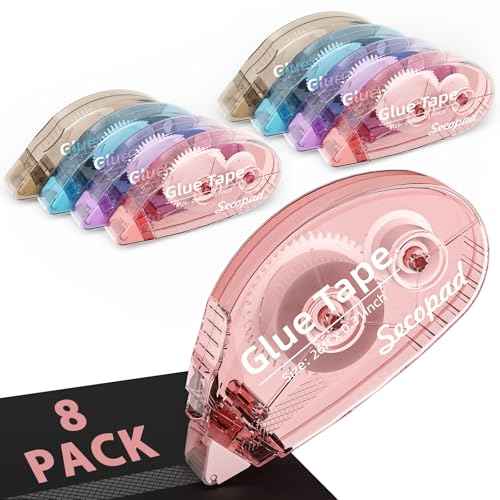 8 Pack Scrapbook Tape, Double Sided Tape for Crafts, Adhesive Glue Runner for Scrapbooking Journaling Supplies, Glue Roller for Kids and Adults School Office Teacher Supplies, 0.3IN x 26FT