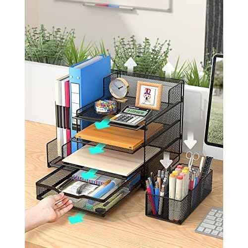 VIVSOL Desk Organizer with Mesh File Holder, 4-Tier Office Supplies Desk Organizers and Accessories with Sliding Drawers & Pen Holder, Desk File Organizer and Storage for Office, School, Home, Black