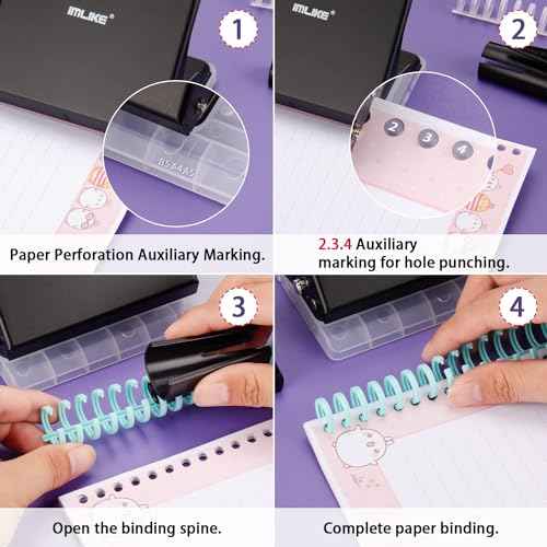 IMLIKE 10-Hole Binding Machine for Planners - Metal Manual Binding System with 10 Multi-Color 30-Hole Loose Leaf Binding Spines - Punches 26 Holes on B5, 30 Holes on A4, 20 Holes on A5 Paper - Black