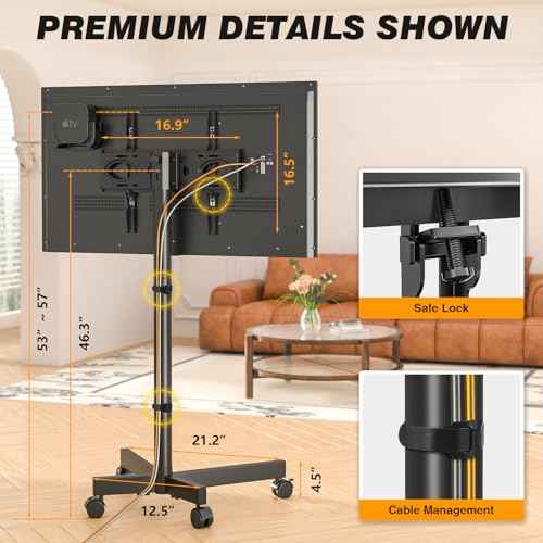5Rcom Strong Tall Rolling TV Stand for 23-65 Inch TVs up to 88 lbs, Height Adjustable &Tilt Mobile TV Cart for Optimal Viewing Angle, Portable TV Stand with Locking Silent Wheels for Home and Outdoor
