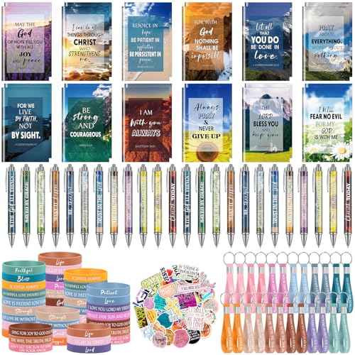 Yeaqee 146 Pcs Christian Gifts Set Bulk Include 24 Bible Verses Pens 24 Bible Notebooks 24 Scripture Quotes Bracelets 24 Inspirational Keychains 50 Jesus Christian Stickers(Trendy)