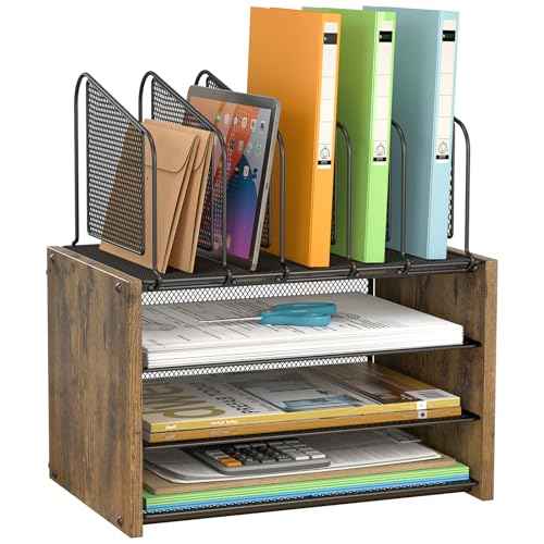 4-Tier Desk Organizer, Desk File Organizer with 5 Vertical File Holders, Office Desktop Organizer with 3 Level Paper Organizer Letter Tray, Wooden Desk Organizers and Accessories for Home Office