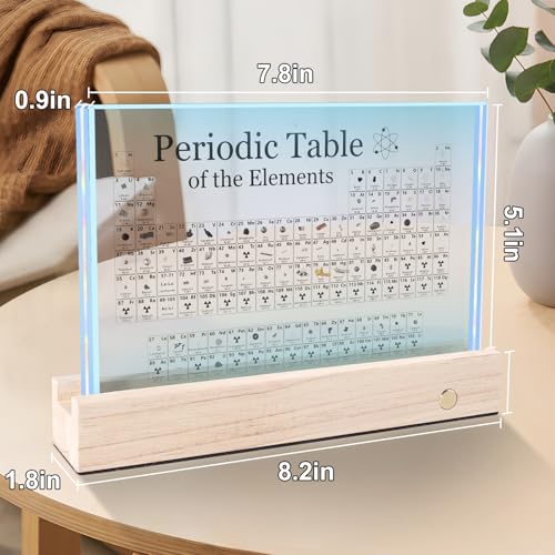 Rafecs Periodic Table with Real Elements Inside, Large Acrylic Periodic Table with Cordless LED Wooden Stand and Magnifier, Chemistry Gifts for Students, Kids, Teacher and Science Lovers