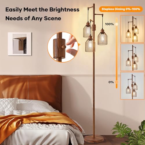 Dimmable Floor Lamp for Living Room, Farmhouse Floor Lamps with Elegant Hanging Cage, 3 x LED Edison Bulbs Included, 68.5" Industrial Standing Light for Bedroom Office Home Decor (Wood)