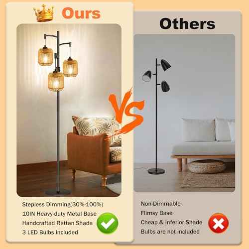 Boho Floor Lamps for Living Room, 65'' Dimmable Farmhouse Rattan Standing Lamp with LED Bulbs, 3 Light Tree Rustic Tall Lamps for Bedroom, Office, Rotary Switch