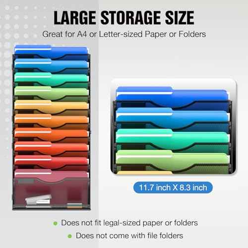 11 Tier Wall File Holder Hanging Wall Mount Paper File Organizer for Mails Folders Document Magazine Organization, for Office School Home, Black
