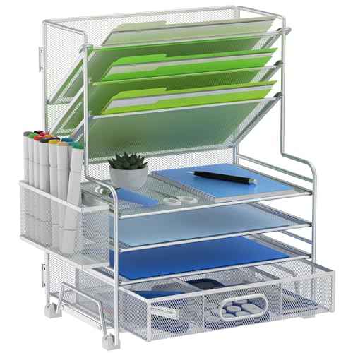 4-Tier Paper Organizer + 3-Pocket File Holder + Drawer + Pen Holders, Desktop File Organizers Paper Tray for Office Supplies School Classroom Organization (Silver, with Drawer & Pen Holder)