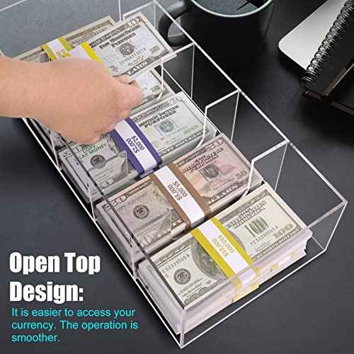 Clear Cash Tray With 300 Currency Wrappers, Acrylic Money Organizer Storage Change Box Case - 5 Compartments