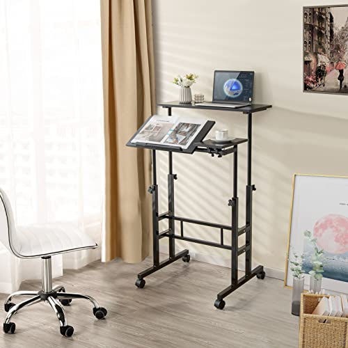 COSTWAY Mobile Standing Desk, Laptop Cart with Flip-Over Desktop, Overbed Table with Wheels, Computer Desk for Standing or Sitting, Height Adjustable Workstation for Home & Office (Black)