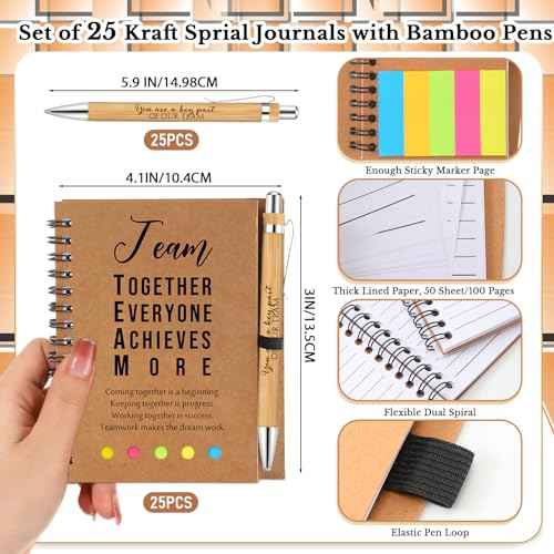 Jetec 25 Sets Inspirational Notebooks Bulk Christmas Employee Appreciation Gifts Spiral Notebook with Sticky Notepad Bamboo Pens for Xmas Thanksgiving Coworker Student Nurse Staff (Team)